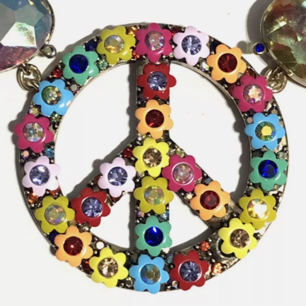 Betsey Johnson Love Fest Peace Sign Multicolor Flower Statement Necklace NWT - Picture 2 of 10